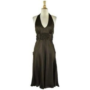 LOFT Ann Taylor 100% Silk Midi Dress Chocolate Brown Flare Halter Top 10 8 Party